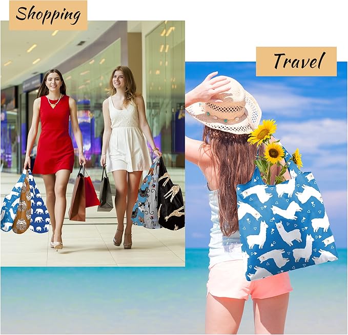 BeeGreen Shopping Bags Cloth Grocery Bags Foldable Travel Bag Tote Bags Bulk - Reusable Gift Bags with Handles (6 Pack) - Heavy Duty Large Washable Animal Holiday Design for Women Travel & Groceries