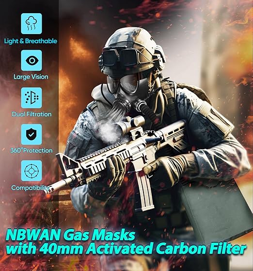 Gas Respirator Mask with 40mm Activated Carbon Filter & Supply Air Hose, Gas Masks Survival Nuclear and Chemical Military Grade, Respirator Mask for Chemicals, Dust, Paint Spray, Organic Vapor