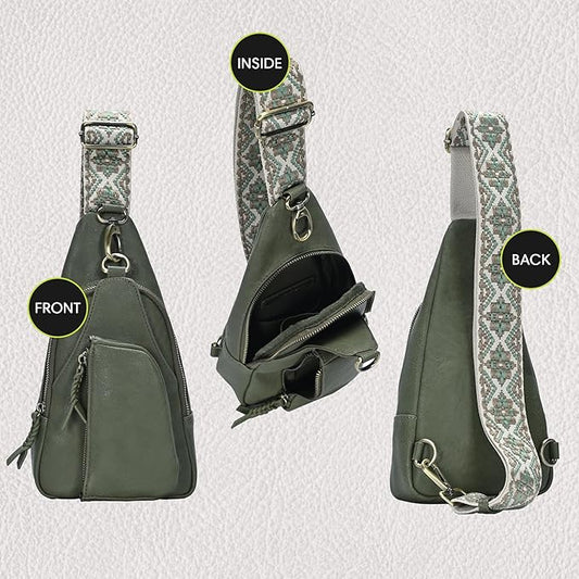 Antik Kraft Tasha Webbing Strap Sling (Moss) | Vegan Leather Crossbody Bag for Women with 16-20" Strap | Sling Bags for Women with Durable Antique Brass Hardware | 7in x 2.5in x 12.5in |