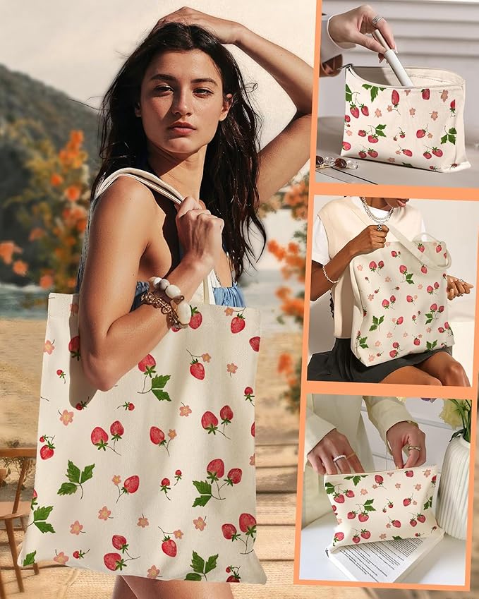 2 Pack Canvas Tote Bag - with Makeup Pouch Aesthetic Cute Women Reusable Canvas Bag for Shopping, Work, Travel