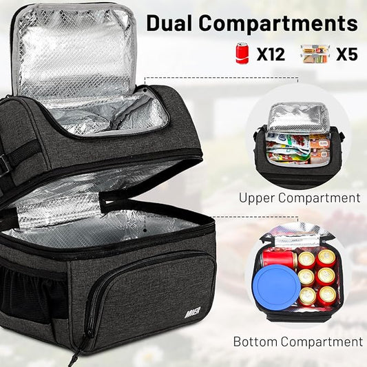 MIER Dual Compartment Lunch Bag Tote with Shoulder Strap for Men and Women Insulated Leakproof Cooler Bag, Dark Grey
