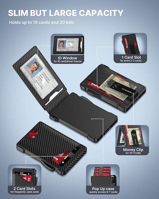 typecase Tactical Wallet for Men Card Holder: Pop Up Card Case, Genuine Leather, Smart, RFID Blocking, Slim, Minimalist, Thin, Front Pocket - 9-13 Card Capacitiy, ID Window, Money Clip (Carbon Fiber)