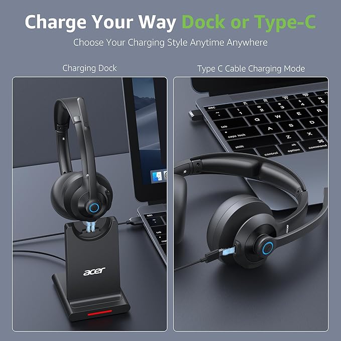 acer Wireless Headset with Mic for Work - 2.4G Bluetooth 5.3 Dual Mode Headphones,36Hrs Battery,ENC Crystal-Clear Calls Mic,USB Dongle for PC,Bluetooth Headset for Phone/Tablet, Home/Call Center