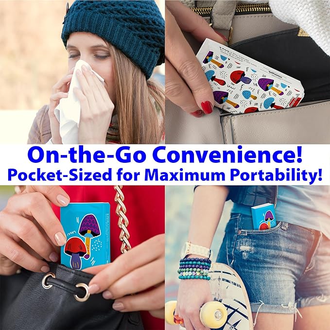 Funwares White Facial Travel Tissue Packs, Non-Bleach, Chlorine-Free, Compact Pocket Tissues for Car, Purse, School, Work, On-the-Go Tissue Packs, Mushroom Design, 24 Packs, 216 Tissues, 3-Ply Sheets