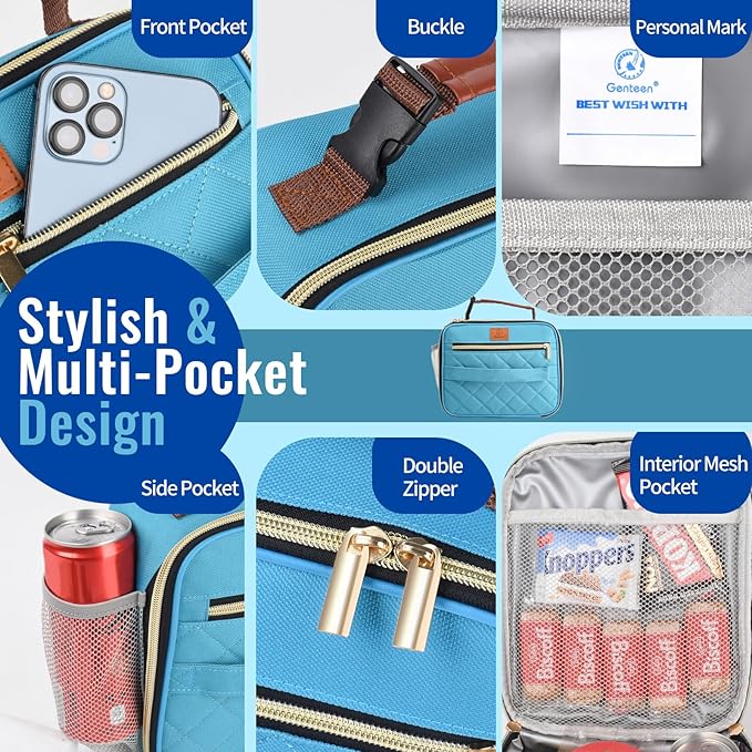 Genteen Lunch Box for Men Women Adults Kids - Insulated LunchBox Reusable, Zip Closure & Buckle Handle, Portable Cooler for Work, School, Travel (Teal)
