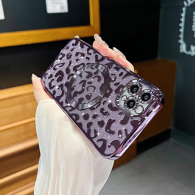 for iPhone 11 Pro Case Magnetic,Soft Cute Luxury Leopard Cheetah Pattern Plating Glitter Bling Phone Case Compatible with MagSafe Clear Shockproof Back Cover for Women Girl 5.8"-Purple