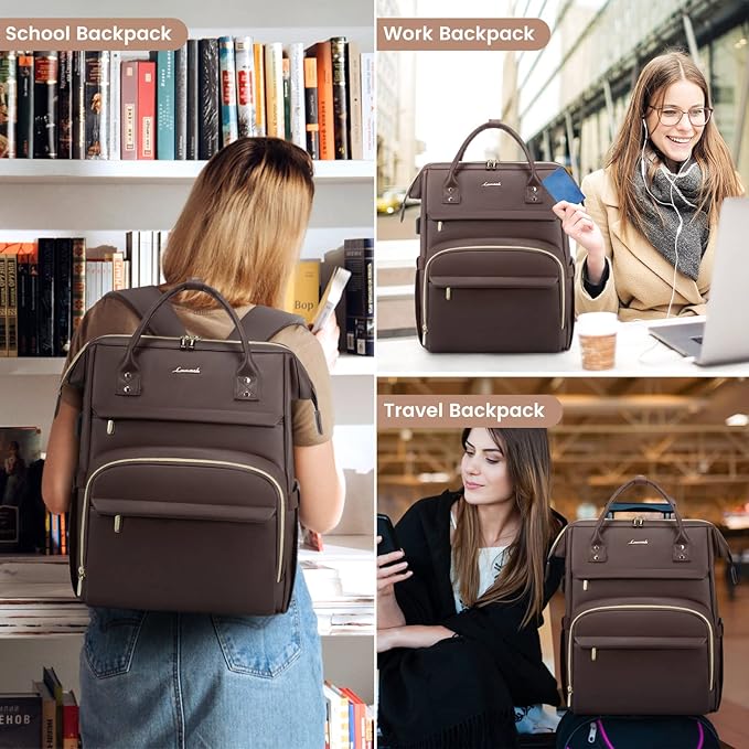 LOVEVOOK Leather Laptop Backpack for Women 15.6 inch,Travel Backpack Purse Nurse Teacher Backpack Computer Laptop Bag,Professional College Business Work Bags Carry On Backpack with USB Port,Coffee
