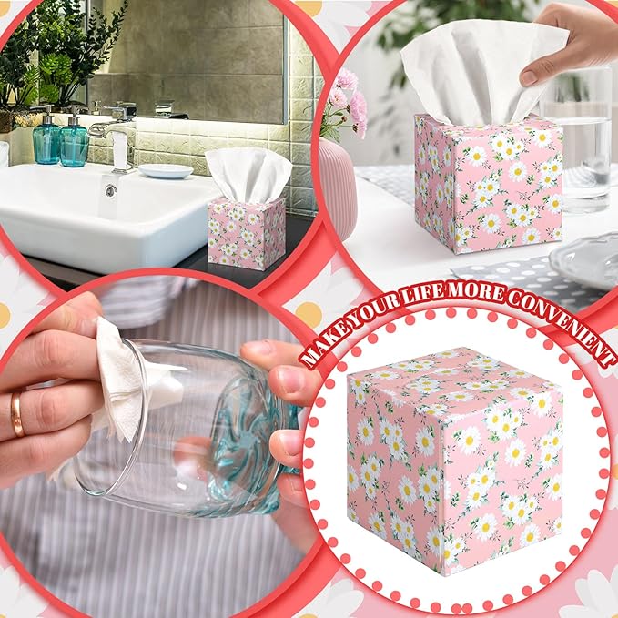 12 Pack Summer Daisies Floral Facial Tissues Cube Boxes 600 Sheets 3 Ply Pink Small Flower Face Tissues Bulk for Summer Car Bedroom Supplies
