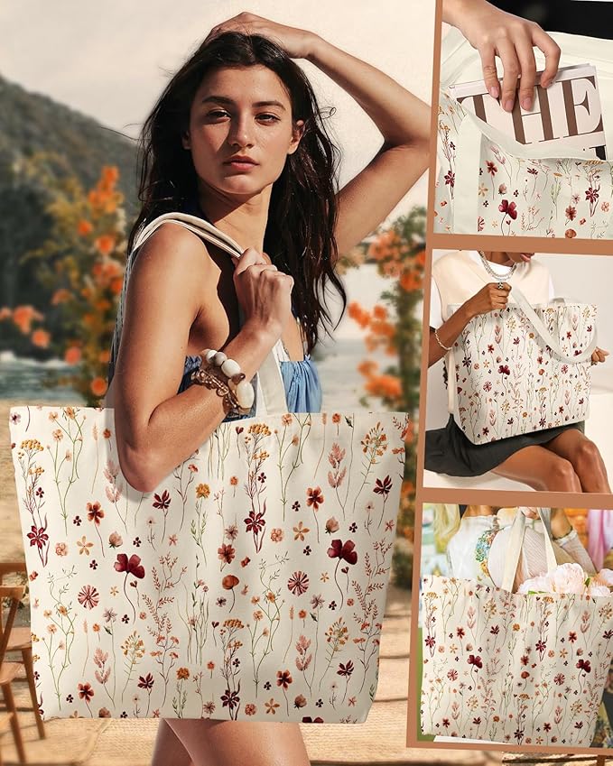 Large Tote Bag for Women - Canvas Tote Bag with Zipper Aesthetic Reusable Shoulder Bag for Gym, Travel, Work