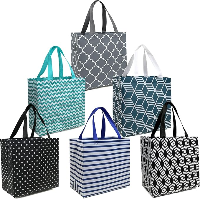 BeeGreen 6-Pack Foldable Reusable Grocery Bags – Large Cloth Tote Bag with Handles, Bulk Shopping- Bags in Geometric Design, Shopping Baskets, Utility Reusable Gift for Groceries