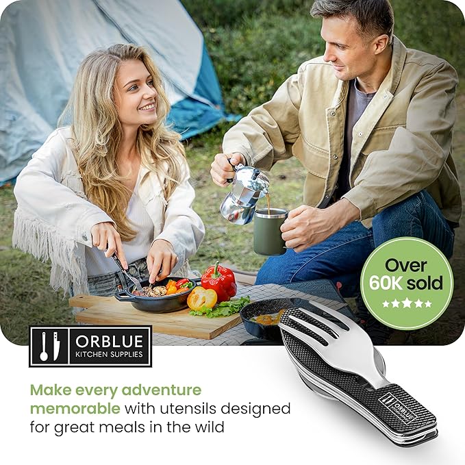 Orblue 4-in-1 Camping Utensils, 1-Pack, Portable Stainless Steel Spoon, Fork, Knife & Bottle Opener Combo Set - Travel, Backpacking Cutlery Multitool, Black