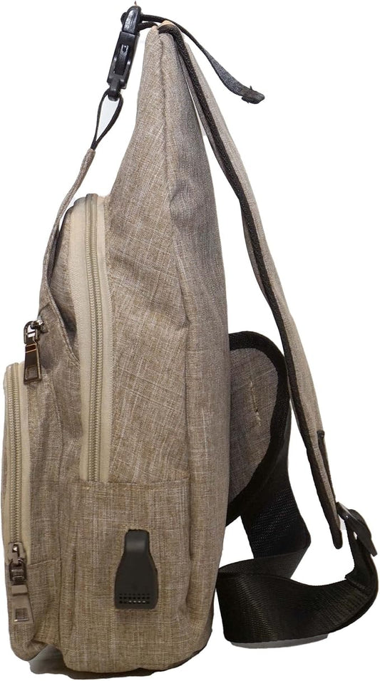 Anti-Theft Daypack Crossbody Sling Backpack, USB Charging Connector Port, Lightweight Day Pack for Travel, Hiking, Everyday, Large, Tan