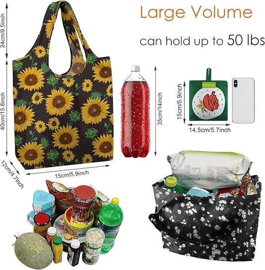 BeeGreen Rose Reusable Shopping Bags 6 Pack - Heavy Duty Washable and Foldable Polyester Shopping Bag for Women, Reusable Gift Grocery Totes Market Tote Bag with Handles for Travel Holiday