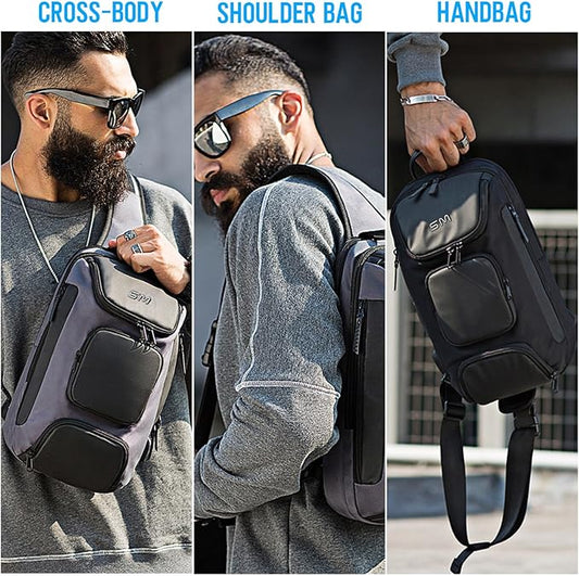 SMONT Sling Bag Crossbody for Men, 14.2 inch Anti Theft Waterproof Chest Shoulder Bag with USB Charging Port