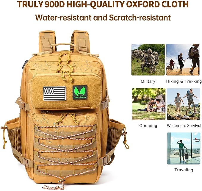 Green Canyon 45L Tactical Assault Backpack with Molle and Charging Port, Water Resistant Military Backpack for Men Women Hiking Rucksack 3 Day Bug Out Bag, Khaki