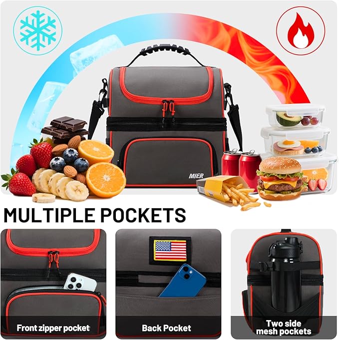 MIER 2 Compartment Lunch Bag Tote with Shoulder Strap for Men and Women Insulated Leakproof Cooler Bag, Grey/Orange