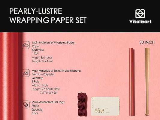 Vitalizart Red Wrapping Paper Set 30" Pearly-Lustre With Silk Like Satin Ribbon & Gift Tags Recyclable Eco-Friendly Christmas Gift Wrapping Birthday Baby Shower Wedding Handmade Crafts 197"(16.4 Ft)
