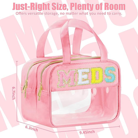 Chenille Letter Clear Medicine Makeup Bag for Travel, Preppy Patch Nylon Cosmetic Meds Pouch with Handles and Zipper, Waterproof Large Travel Toiletry Bag Storage Case for Women Pink