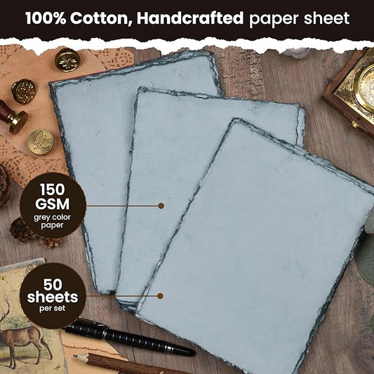 LEATHER VILLAGE Watercolor Paper - 7.5 X 11 inches, 50 Sheets - Mixed Media Watercolor Paper - 150 GSM Thick Deckle Edge Virgin Cotton Handmade Paper - Grey Toned