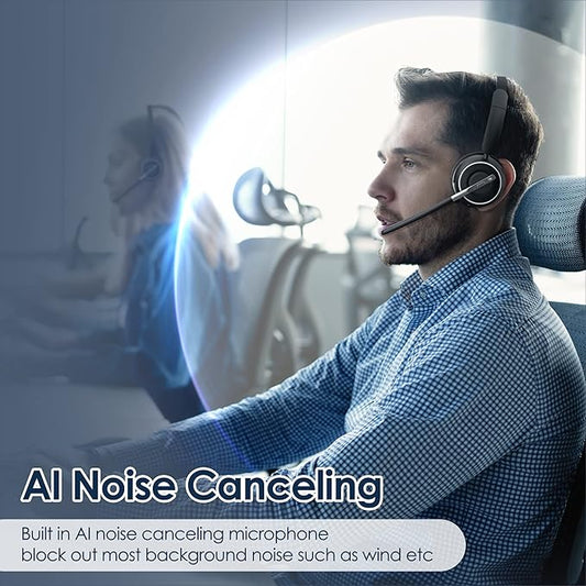 Wireless Headset, Bluetooth Headset with AI Noise Cancelling Mic, Bluetooth V5.2 Headphones with USB Dongle, Charging Base & Mic Mute for PC/Cell Phones/Call Center (Black)