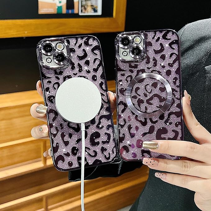 for iPhone 13 Case Magnetic,Soft Cute Luxury Leopard Cheetah Pattern Plating Glitter Bling Phone Case Compatible with MagSafe Clear Shockproof Back Cover for Women Girl 6.1"-Purple