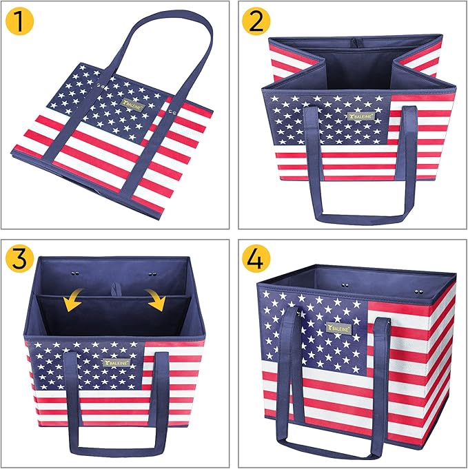 BALEINE 3Pk Reusable Grocery Bags, Foldable Shopping Bags for Groceries with Reinforced Bottom & Handles (Patriot Celebration)