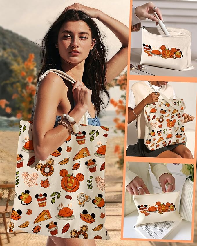 2 Pack Canvas Tote Bag - with Makeup Pouch Aesthetic Cute Women Reusable Canvas Bag for Shopping, Work, Travel