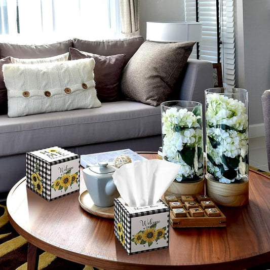 12 Pack Summer Sunflower Facial Tissues Cube Boxes 600 Sheets 3 Ply Small Black and White Plaid Sunflower Face Tissues Bulk for Summer Car Bedroom Supplies