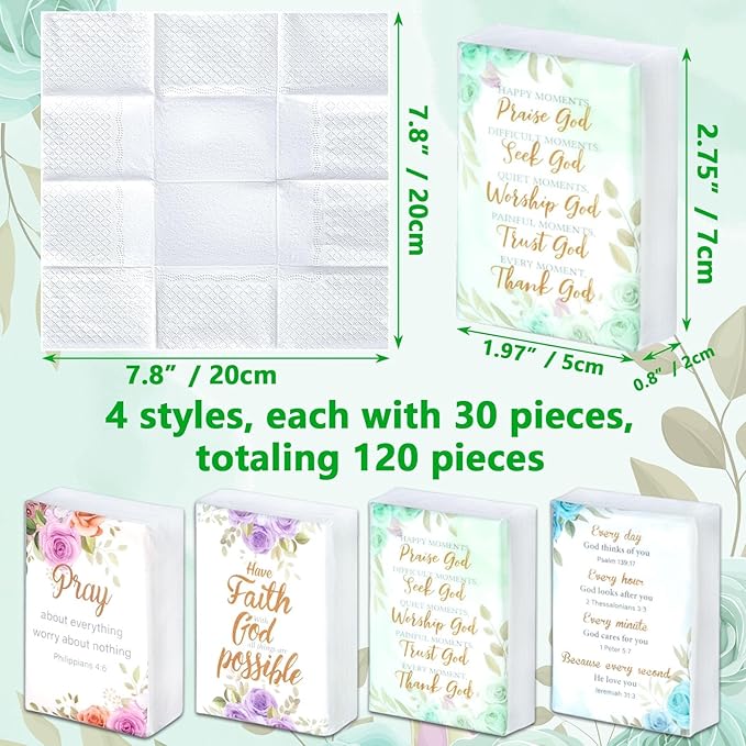 120 Pack Bible Theme Facial Tissues Individual Pack Bulk Christian Pocket Size Travel Kleenex with Floral Pattern for Holiday Graduation Ceremony Wedding Church Supplies 3 Ply