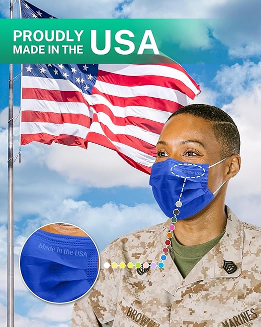 Disposable Face Masks Made in USA, 4 Ply for Families, Students, Breathable All-Day Wear & Safety, FSA HSA Eligible, ASTM Level 3 Medical Grade, 50 Pack, Royal Blue