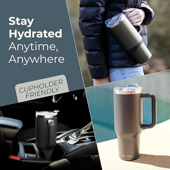 40 oz Tumbler With Handle and Straw Made of Stainless Steel - Double Wall Vacuum Insulated Tumbler With Lid - Sweat Proof Easy Grip, BPA-Free, Dishwasher Safe Tumbler (Charcoal)