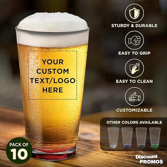 Custom Casale Pint Glass 16 oz. Set of 10, Personalized Bulk Pack - Beer Glasses, Heavy Duty Drinkware - Red