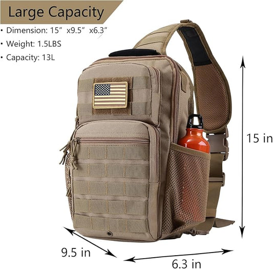 Tactical Shoulder Sling Bag, Small Chest Pack, 13L Backpack for Men Outdoor Sports, Coyote
