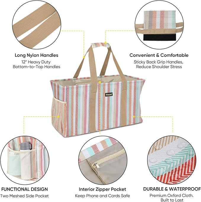 BALEINE Extra Large Utility Tote Bag with Wire Frame for Storage (Color Stripe, 22''x12''x10'')