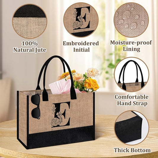 AYGE Personalized Initial Jute Tote Bag & Makeup Bag, Beach Bag, Monogrammed Birthday Gifts for Women Sister Mom Bridesmaid