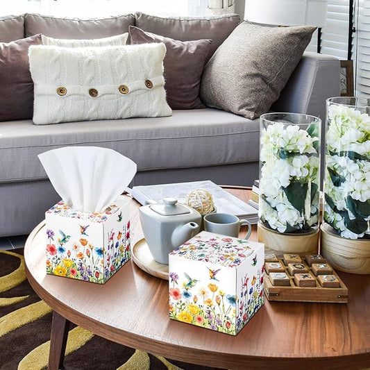 12 Pack Summer Floral Facial Tissues Cube Boxes 600 Sheets 3 Ply Small Square Flower Hummingbird Face Tissues Bulk for Summer Car Bedroom Supplies