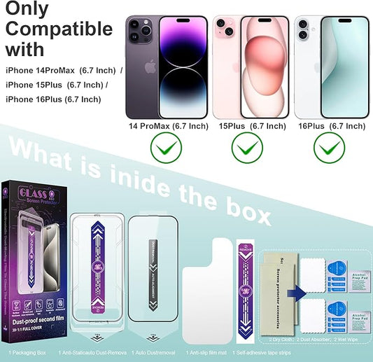 2 Pack Screen Protector Tempered Glass for iPhone 16 Plus and iPhone15 Plus and iPhone 14 Pro Max 6.7-Inch Auto Dust Removal, No Bubbles, High Definition Clear, Easy Installation