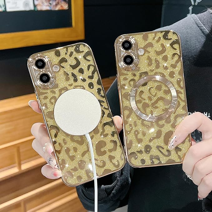 for iPhone 16 Case Magnetic,Soft Cute Luxury Leopard Cheetah Pattern Plating Glitter Bling Phone Case Compatible with MagSafe Clear Shockproof Back Cover for Women Girl 6.1"-Gold