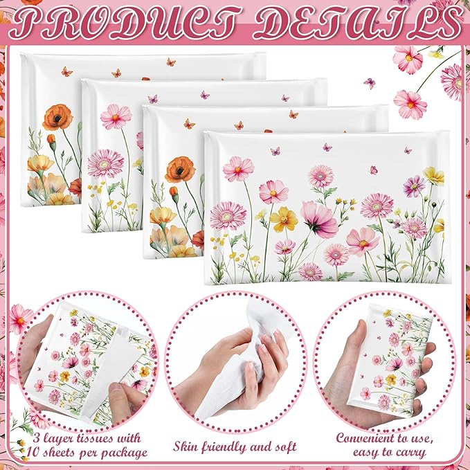 50 Pack Summer Flower Pocket Tissues Individual Packs Floral Pocket Facial Bulk 3 Ply Wildflower Wallet Travel Tissues for Summer Fall Wedding Party Supplies