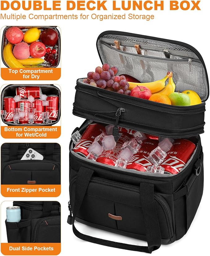 Lunch Box for Men Women Double Deck Insulated Lunch Bag for Men Woman Leakproof Expandable Cooler Bag with Adjustable Shoulder Strap for Work Picnic School(Black,16L)