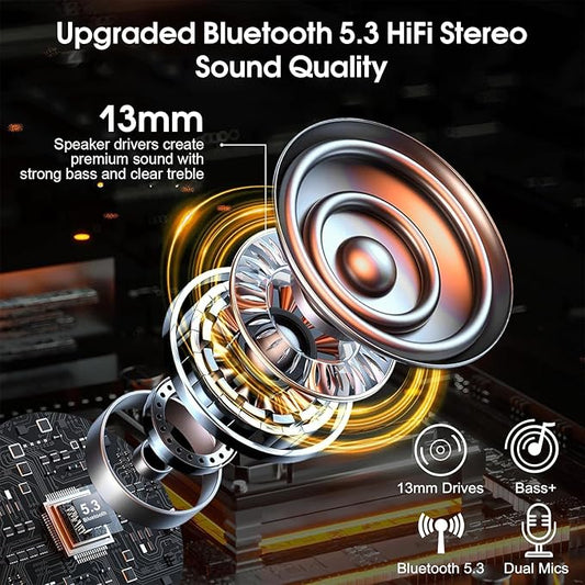 Bluetooth Headset V5.3, Wireless Earpiece with Dual ENC Noise Canceling Mic, 120H Hand-Free Talk Single-Ear Bluetooth Earpiece with LED Display, IP7 Waterproof Headphones for Trucker, Dark Blue