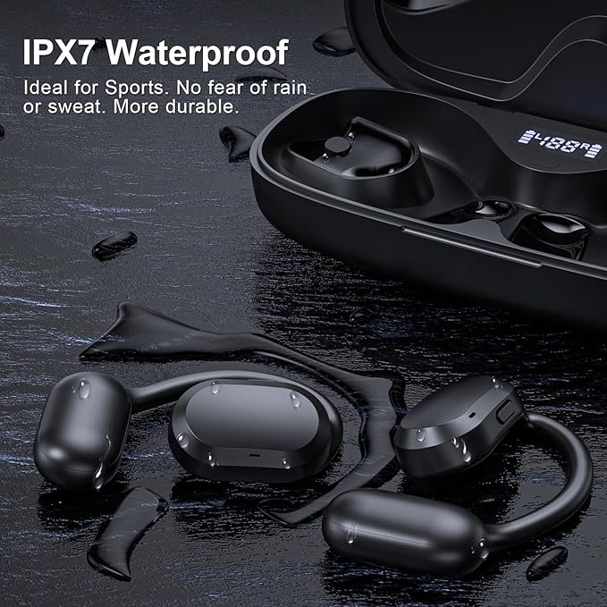 Open Ear Headphones, Open Ear Earbuds, IPX7 Waterproof, Bluetooth 5.3 True Wireless Sports Over Ear Earbuds with Earhooks, Built-in Mic, Crystal-Clear Calls for Running Workout Cycling Driving