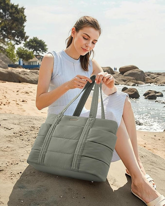 LOVEVOOK Tote Bag for Women, Large Puffer Work Tote Laptop Bag, Lightweight Travel Tote Bag with Zipper Gifts for Women