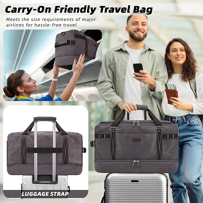ZOMFELT Travel Duffle Bag for Men Women, Waterproof Canvas Overnight Duffel Bag with Removable Dividers & Shoe Compartment, Carry On Weekender Gym bag, Multi-Pocket & Vintage Design (Washed Grey)
