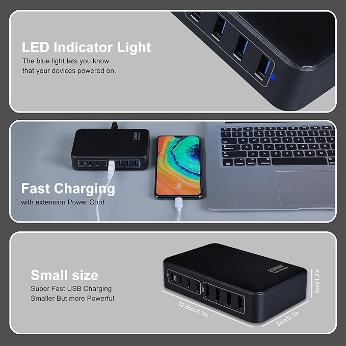 GaN 200W 8-Port USB Fast Charging Station | PD 65W Laptop & Multi-Device Adapter | Compatible with MacBook Pro/Air, iPhone 16/15/14, Galaxy S23/22 (Black)