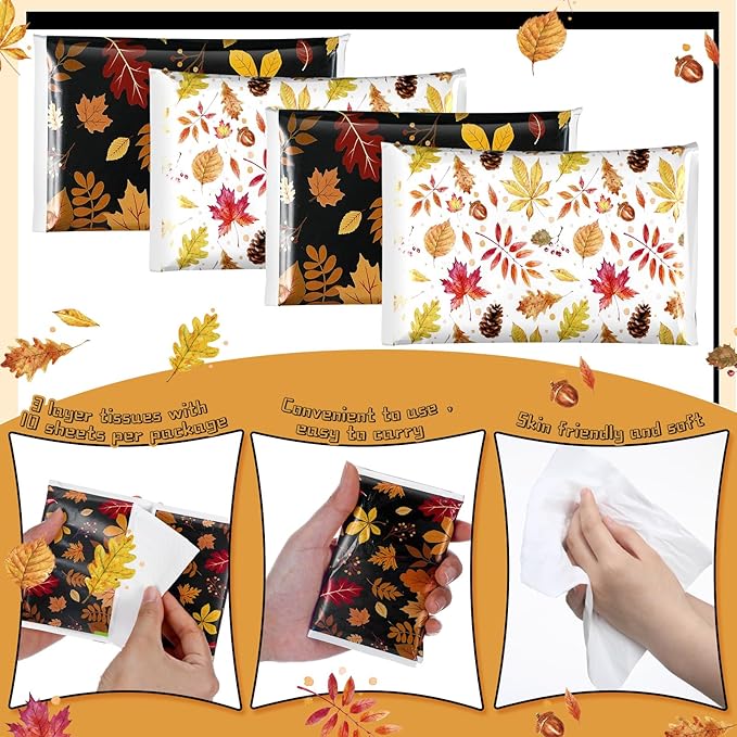50 Pack Autumn Maple Leaf Pocket Tissues Individual Packs Fall Pocket Facial Bulk 3 Ply Wallet Travel Toilet Tissues for Thanksgiving Day Wedding Birthday Party Supplies