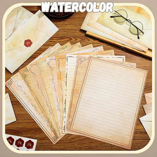 TaoBary 160 Pcs Stationery Paper Set 50 Double Sided Stationery Papers with 50 Matching Envelopes and 60 Round Dot Sticker, 10 Design(Light Vintage,8.5 x 11 Inch)