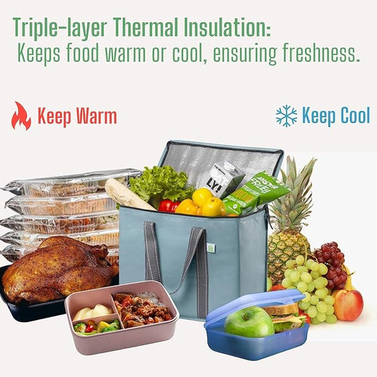 VENO 2 Pack Cooler Bag and Insulated Grocery Bags for Food Delivery, Collapsible Cooler. Reusable Shopping Bags for Groceries with Hard Bottom, Zippered, Foldable, Heavy-Duty (Light Blue, 2 Pack)