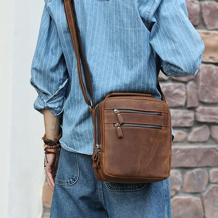 Genuine Leather Small Messenger Bag for Men Vintage Shoulder Crossbody Bags for Work Business Travel