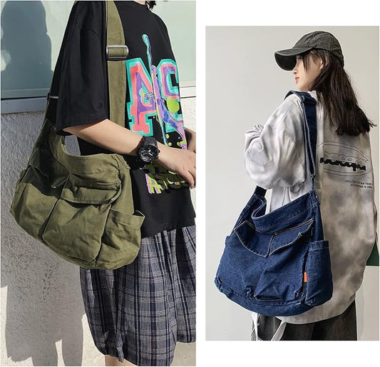 KlaOYer Canvas Messenger Bag Large Hobo Bag Crossbody Shoulder Bag Tote Bag with Pocket for Women and Men